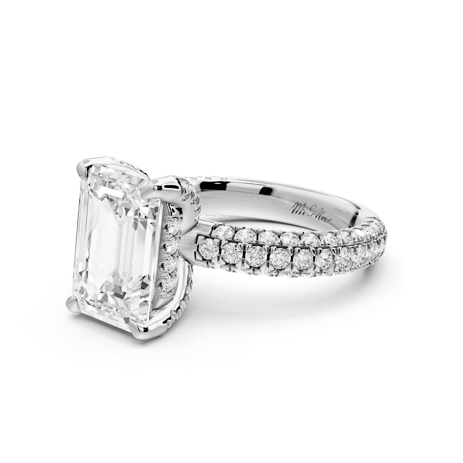 Emilia - 4ct platinum emerald Hidden Halo Diamond Crown Rollover Pavé Engagement Ring - Mr. Alex Jewelry