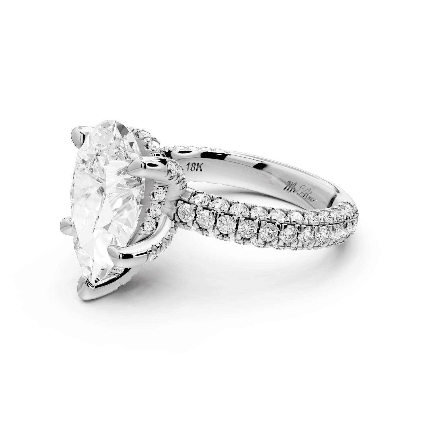 Emilia - 4ct platinum pear Hidden Halo Diamond Crown Rollover Pavé Engagement Ring - Mr. Alex Jewelry