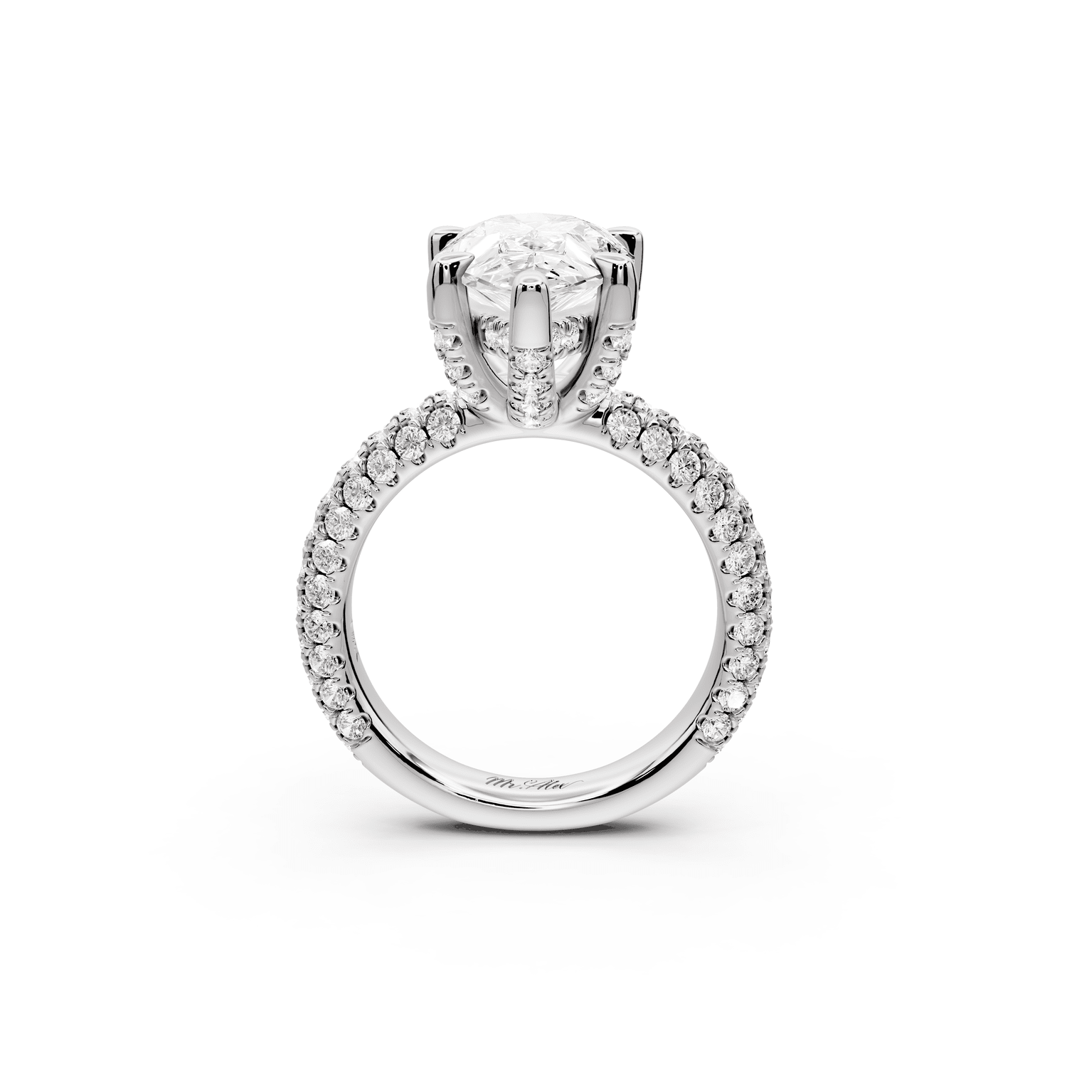Emilia - 4ct platinum pear Hidden Halo Diamond Crown Rollover Pavé Engagement Ring - Mr. Alex Jewelry