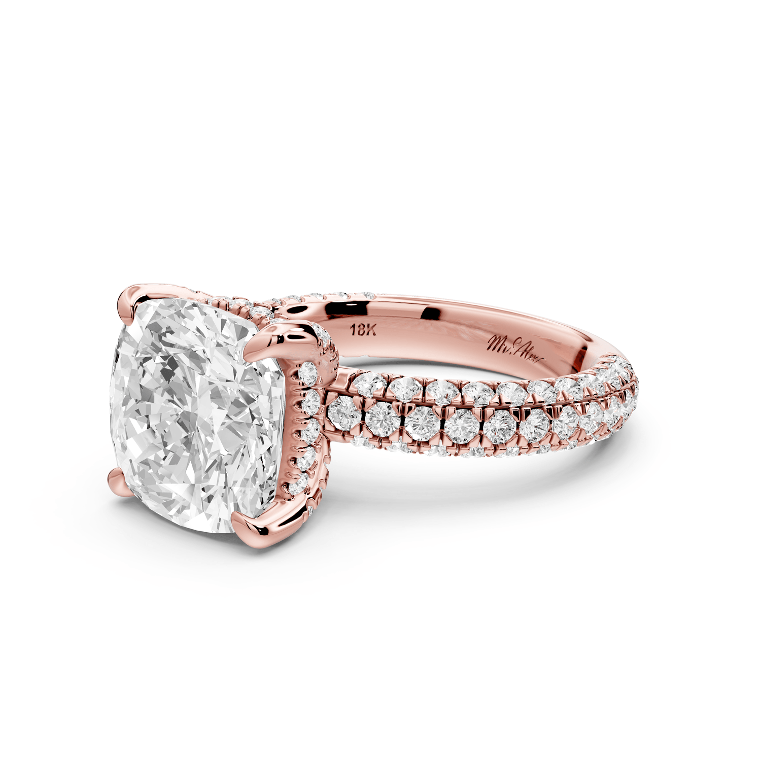 Emilia - 5ct 14k rose gold cushion Hidden Halo Diamond Crown Rollover Pavé Engagement Ring - Mr. Alex Jewelry