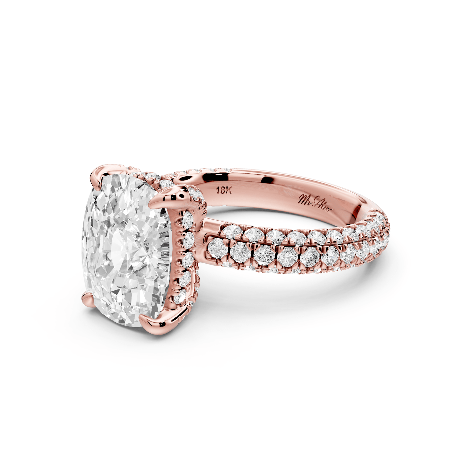 Emilia - 5ct 14k rose gold ecushion Hidden Halo Diamond Crown Rollover Pavé Engagement Ring - Mr. Alex Jewelry