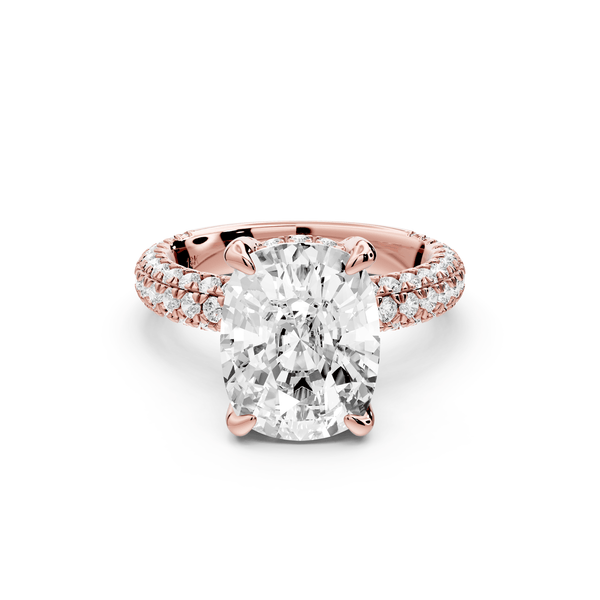 Emilia - 5ct 14k rose gold ecushion Hidden Halo Diamond Crown Rollover Pavé Engagement Ring - Mr. Alex Jewelry
