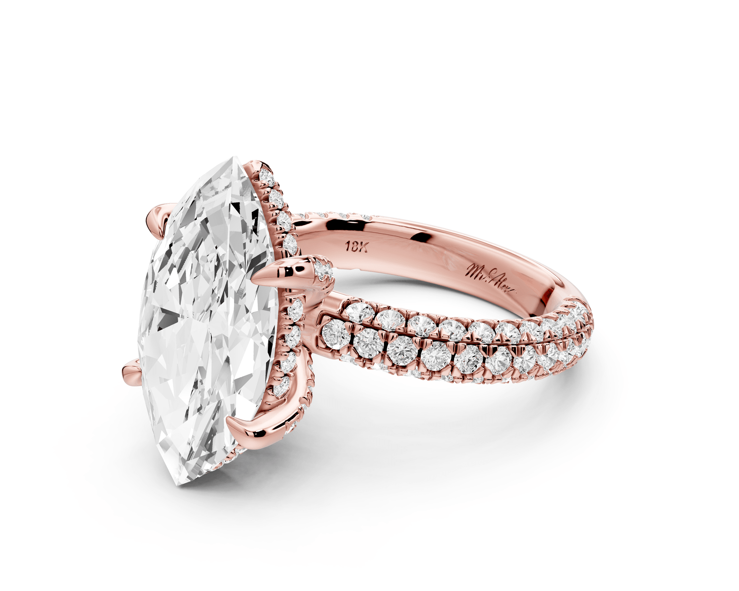 Emilia - 5ct 14k rose gold marquise Hidden Halo Diamond Crown Rollover Pavé Engagement Ring - Mr. Alex Jewelry