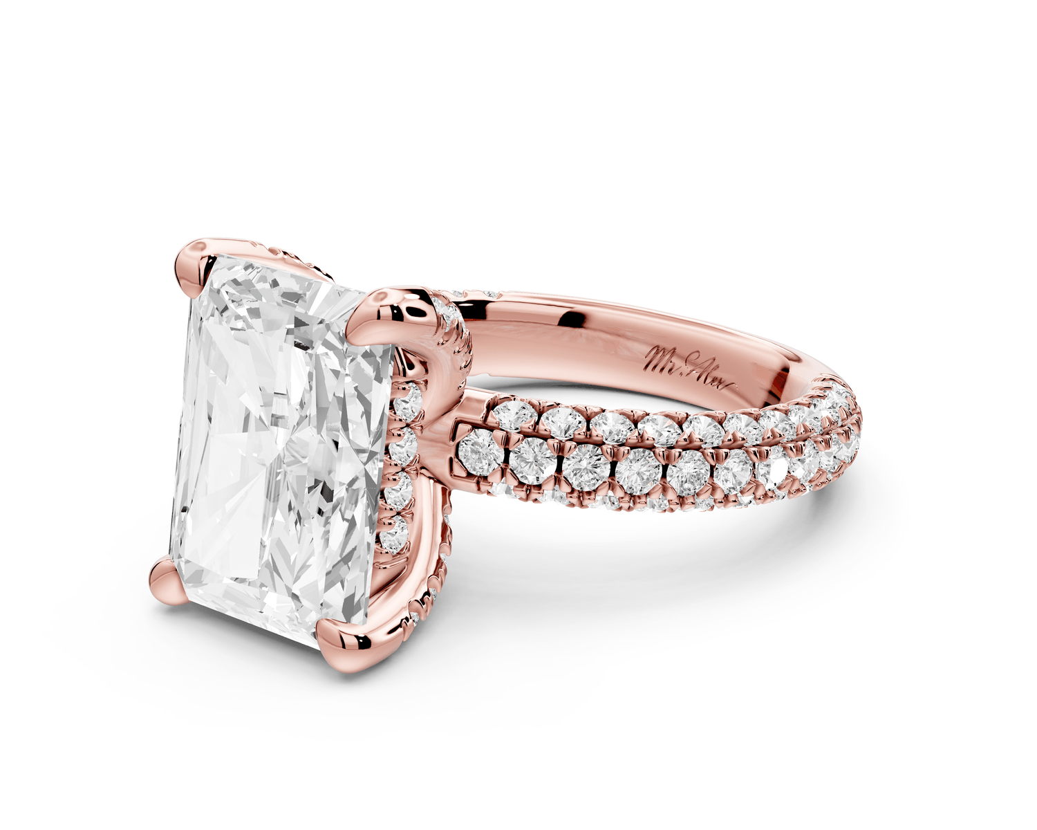 Emilia - 5ct 14k rose gold radiant Hidden Halo Diamond Crown Rollover Pavé Engagement Ring - Mr. Alex Jewelry