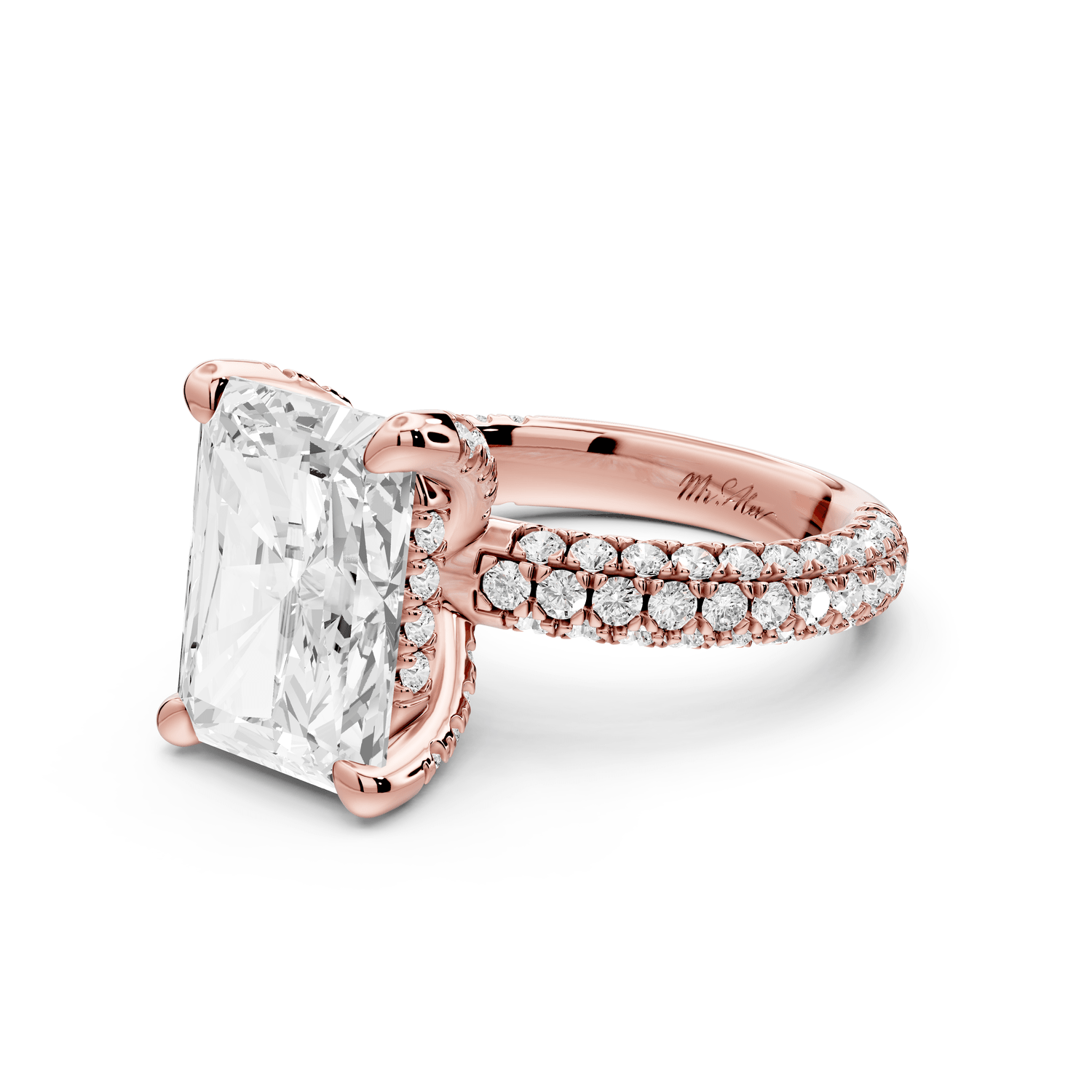 Emilia - 5ct 14k rose gold radiant Hidden Halo Diamond Crown Rollover Pavé Engagement Ring - Mr. Alex Jewelry