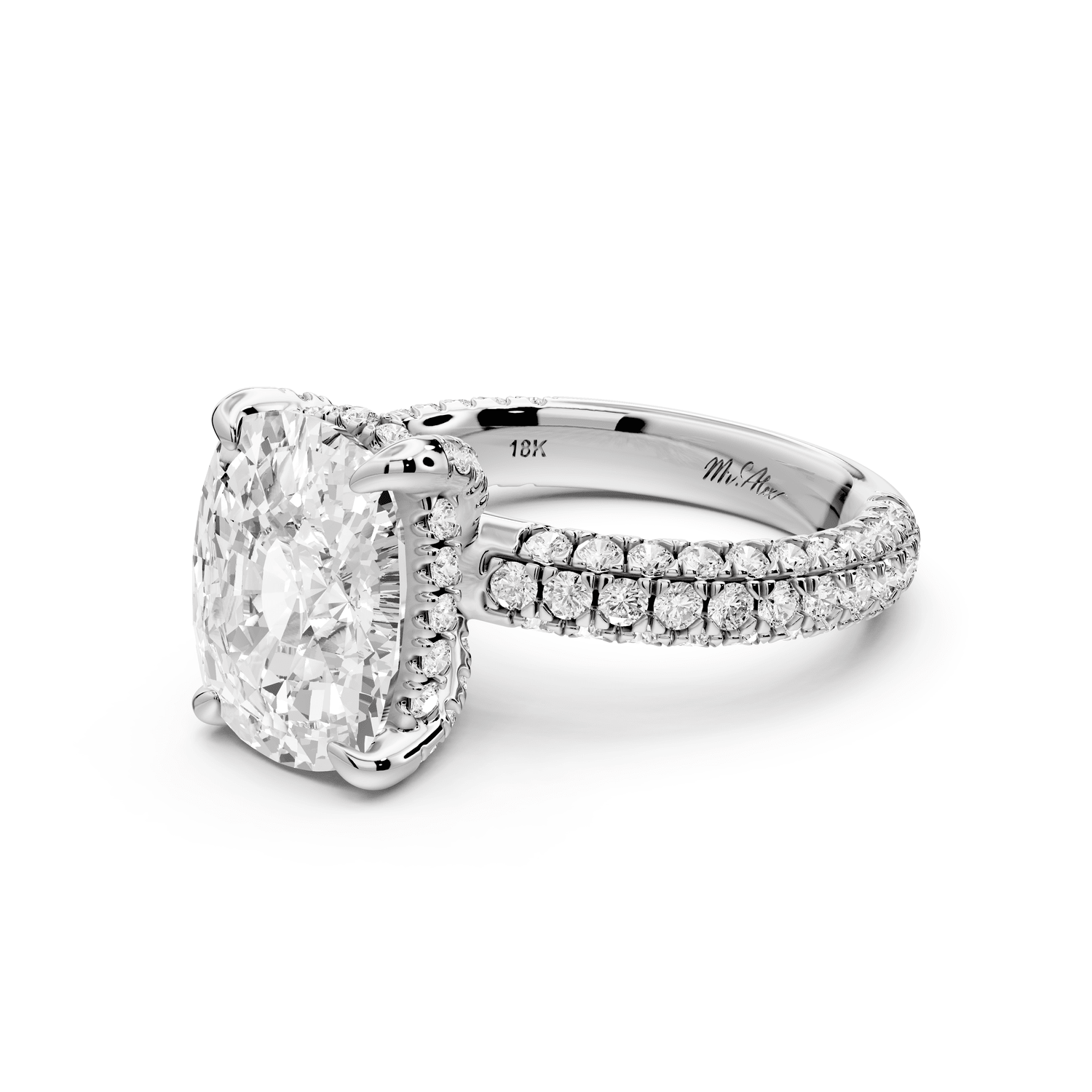 Emilia - 5ct 14k white gold ecushion Hidden Halo Diamond Crown Rollover Pavé Engagement Ring - Mr. Alex Jewelry