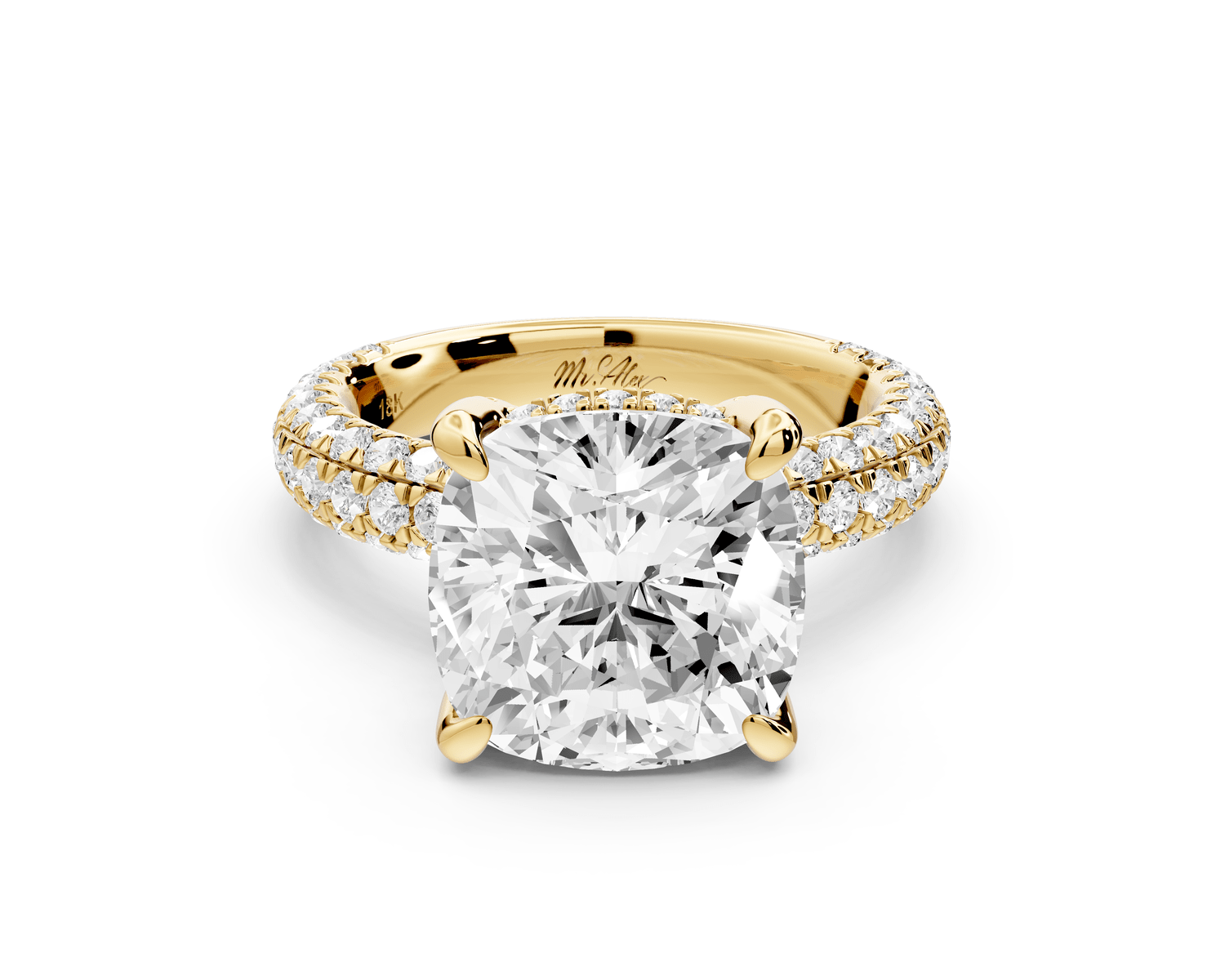 Emilia - 5ct 14k yellow gold cushion Hidden Halo Diamond Crown Rollover Pavé Engagement Ring - Mr. Alex Jewelry