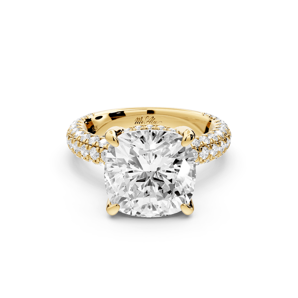 Emilia - 5ct 14k yellow gold cushion Hidden Halo Diamond Crown Rollover Pavé Engagement Ring - Mr. Alex Jewelry