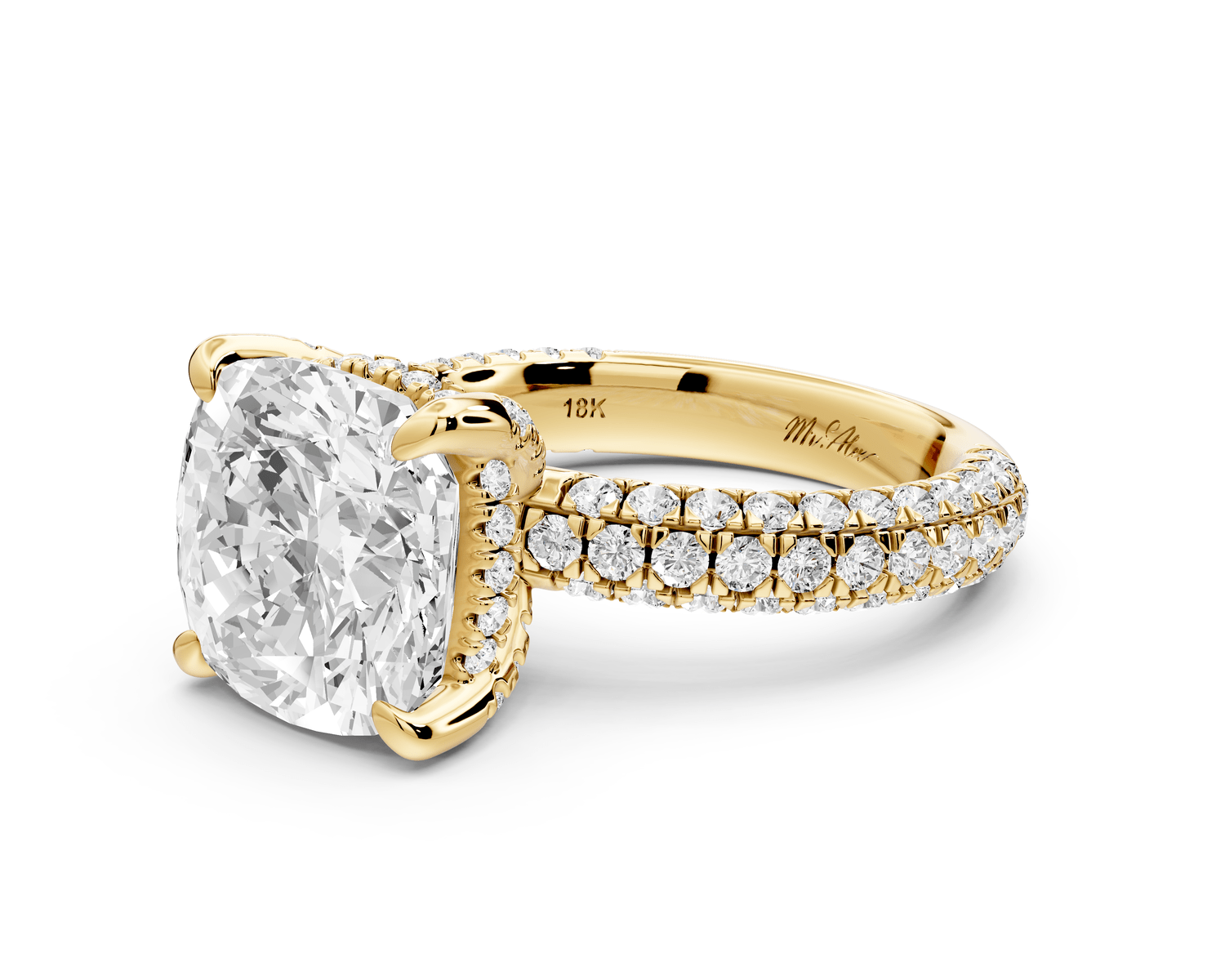 Emilia - 5ct 14k yellow gold cushion Hidden Halo Diamond Crown Rollover Pavé Engagement Ring - Mr. Alex Jewelry