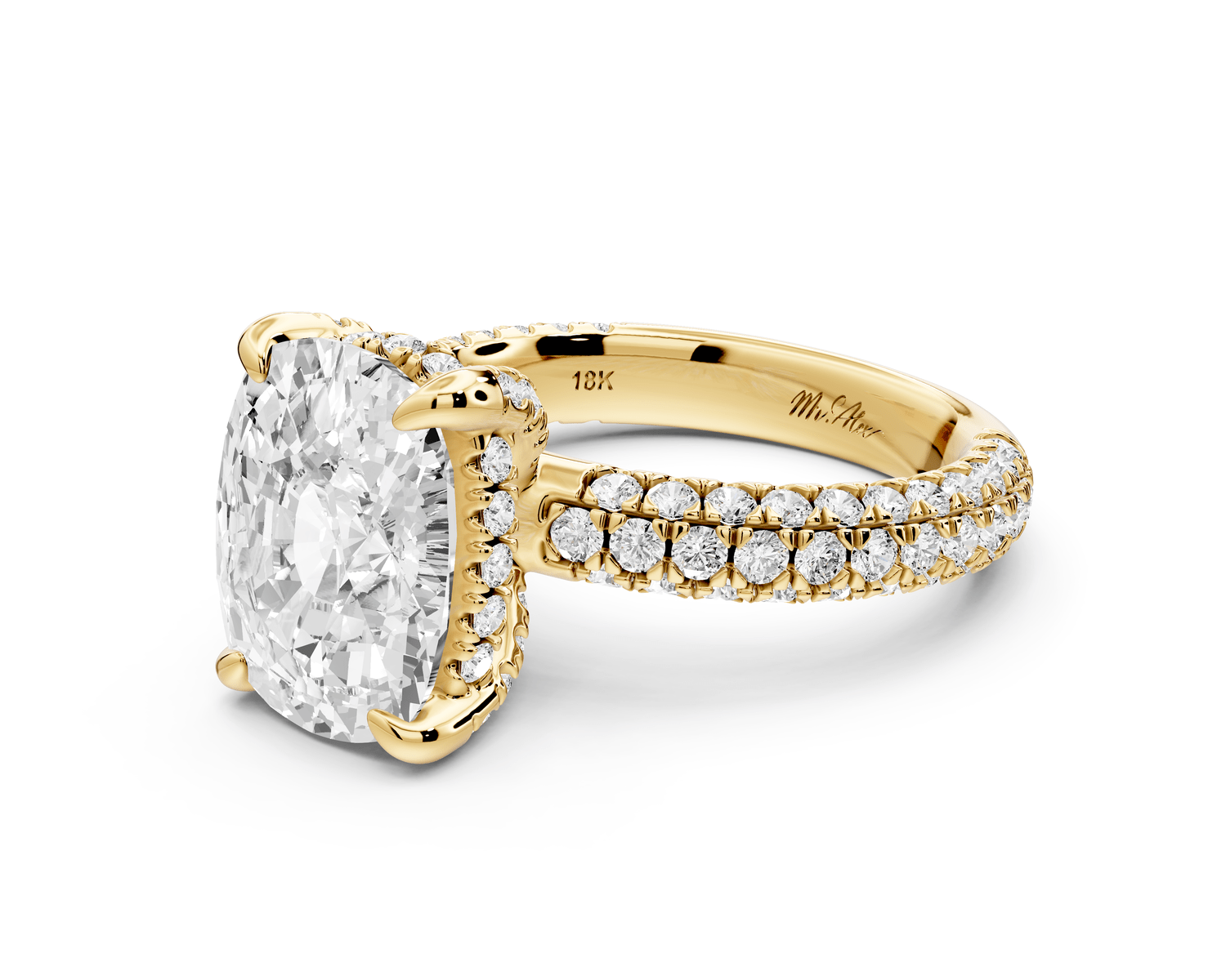 Emilia - 5ct 14k yellow gold ecushion Hidden Halo Diamond Crown Rollover Pavé Engagement Ring - Mr. Alex Jewelry