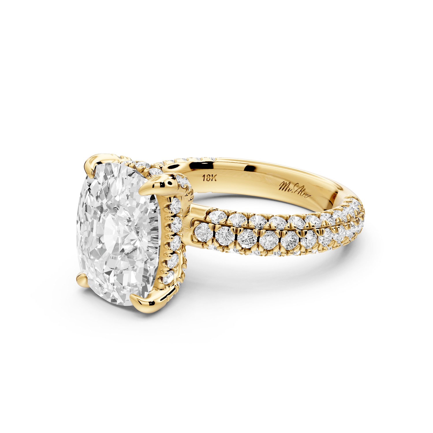 Emilia - 5ct 14k yellow gold ecushion Hidden Halo Diamond Crown Rollover Pavé Engagement Ring - Mr. Alex Jewelry