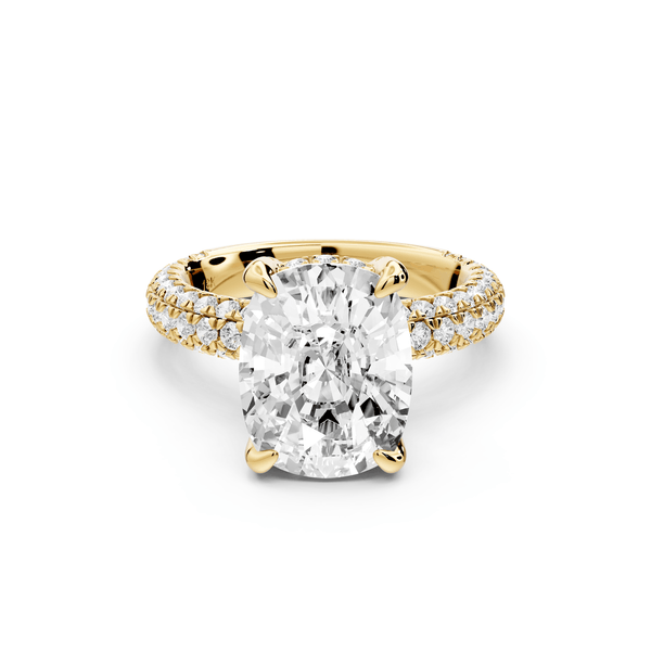 Emilia - 5ct 14k yellow gold ecushion Hidden Halo Diamond Crown Rollover Pavé Engagement Ring - Mr. Alex Jewelry