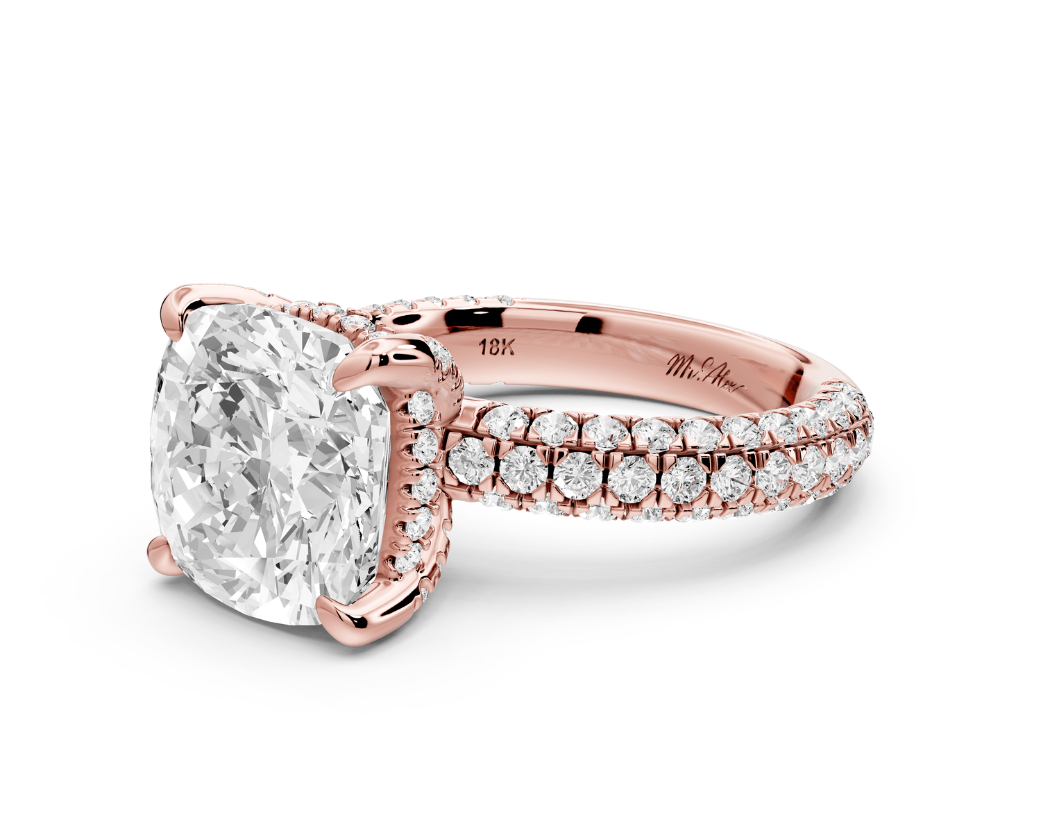 Emilia - 5ct 18k rose gold cushion Hidden Halo Diamond Crown Rollover Pavé Engagement Ring - Mr. Alex Jewelry