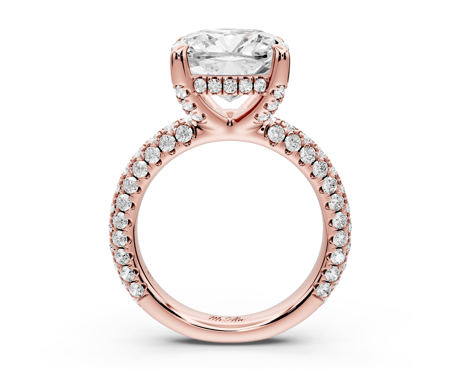 Emilia - 5ct 18k rose gold cushion Hidden Halo Diamond Crown Rollover Pavé Engagement Ring - Mr. Alex Jewelry