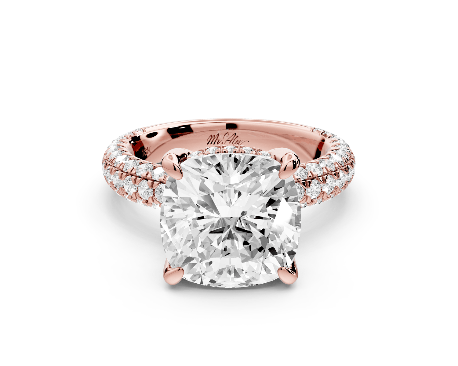 Emilia - 5ct 18k rose gold cushion Hidden Halo Diamond Crown Rollover Pavé Engagement Ring - Mr. Alex Jewelry