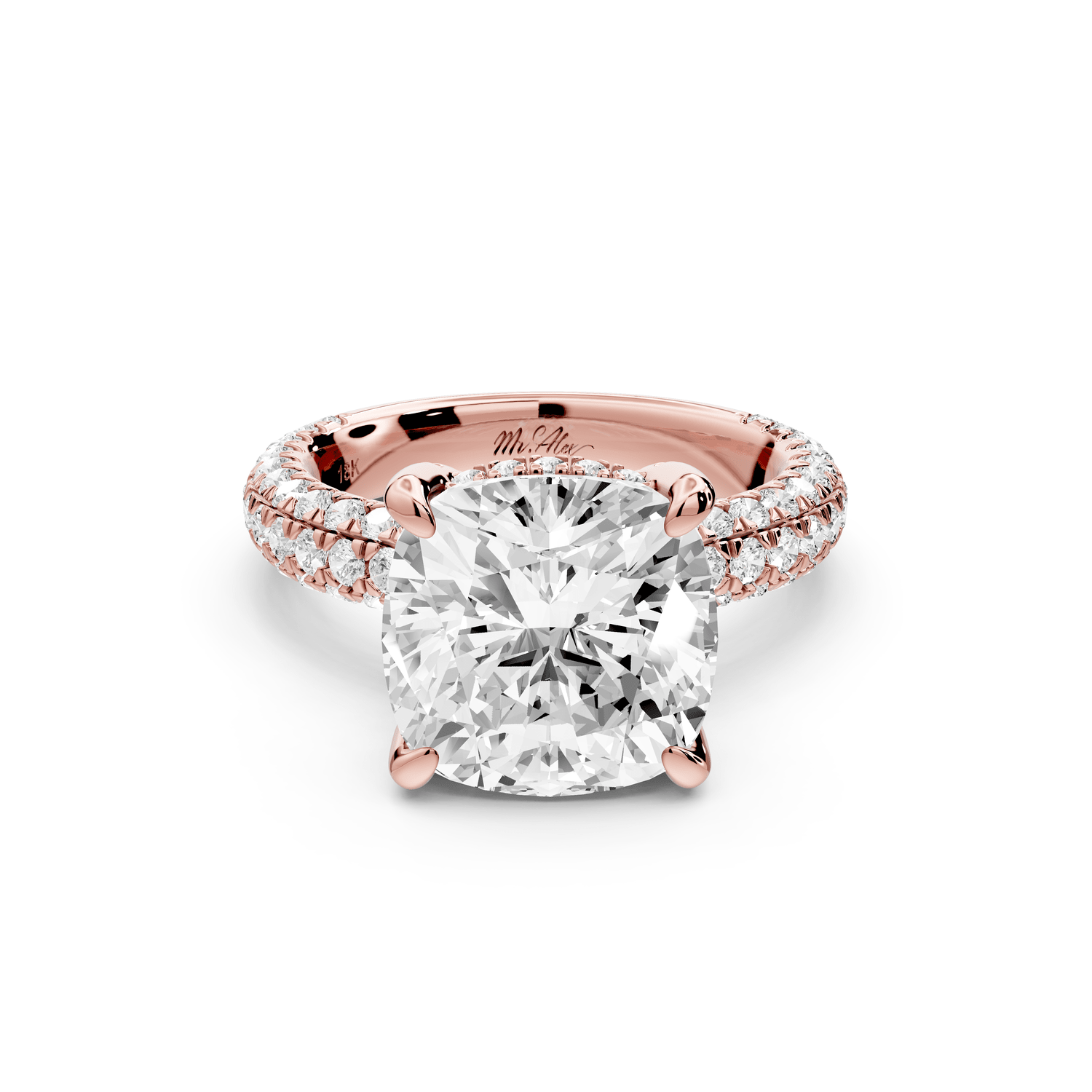 Emilia - 5ct 18k rose gold cushion Hidden Halo Diamond Crown Rollover Pavé Engagement Ring - Mr. Alex Jewelry