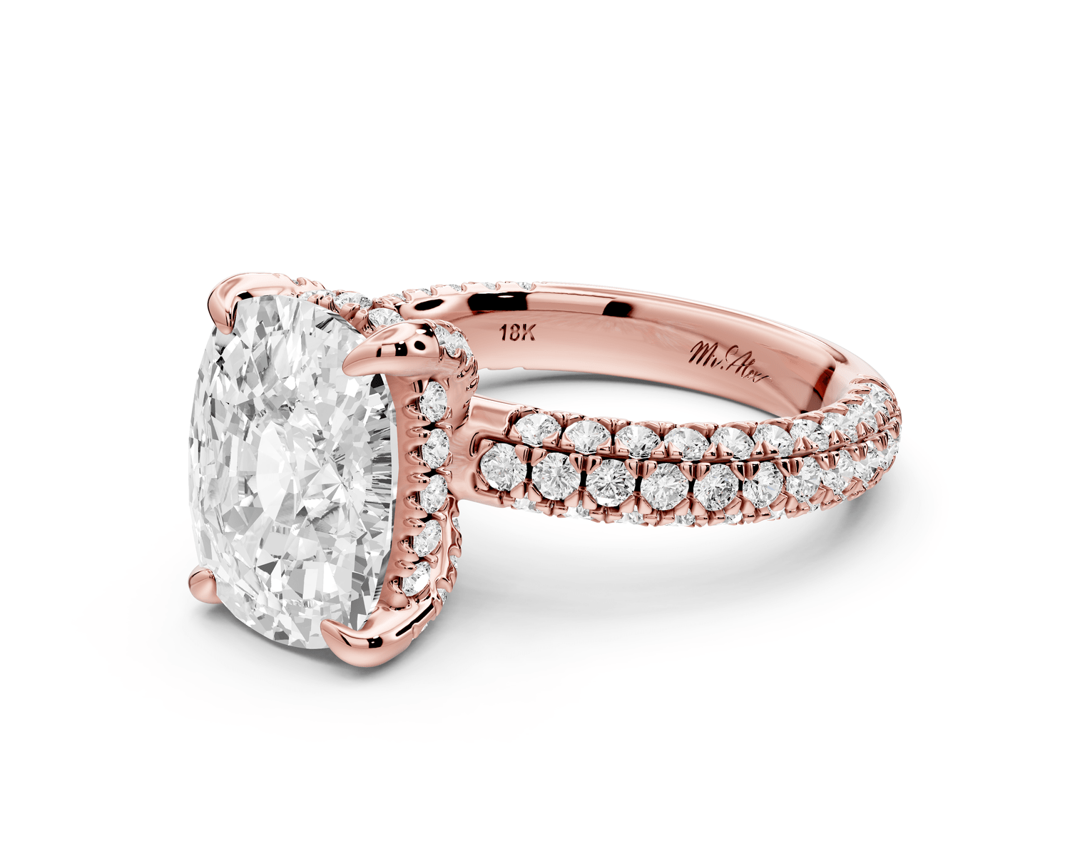 Emilia - 5ct 18k rose gold ecushion Hidden Halo Diamond Crown Rollover Pavé Engagement Ring - Mr. Alex Jewelry