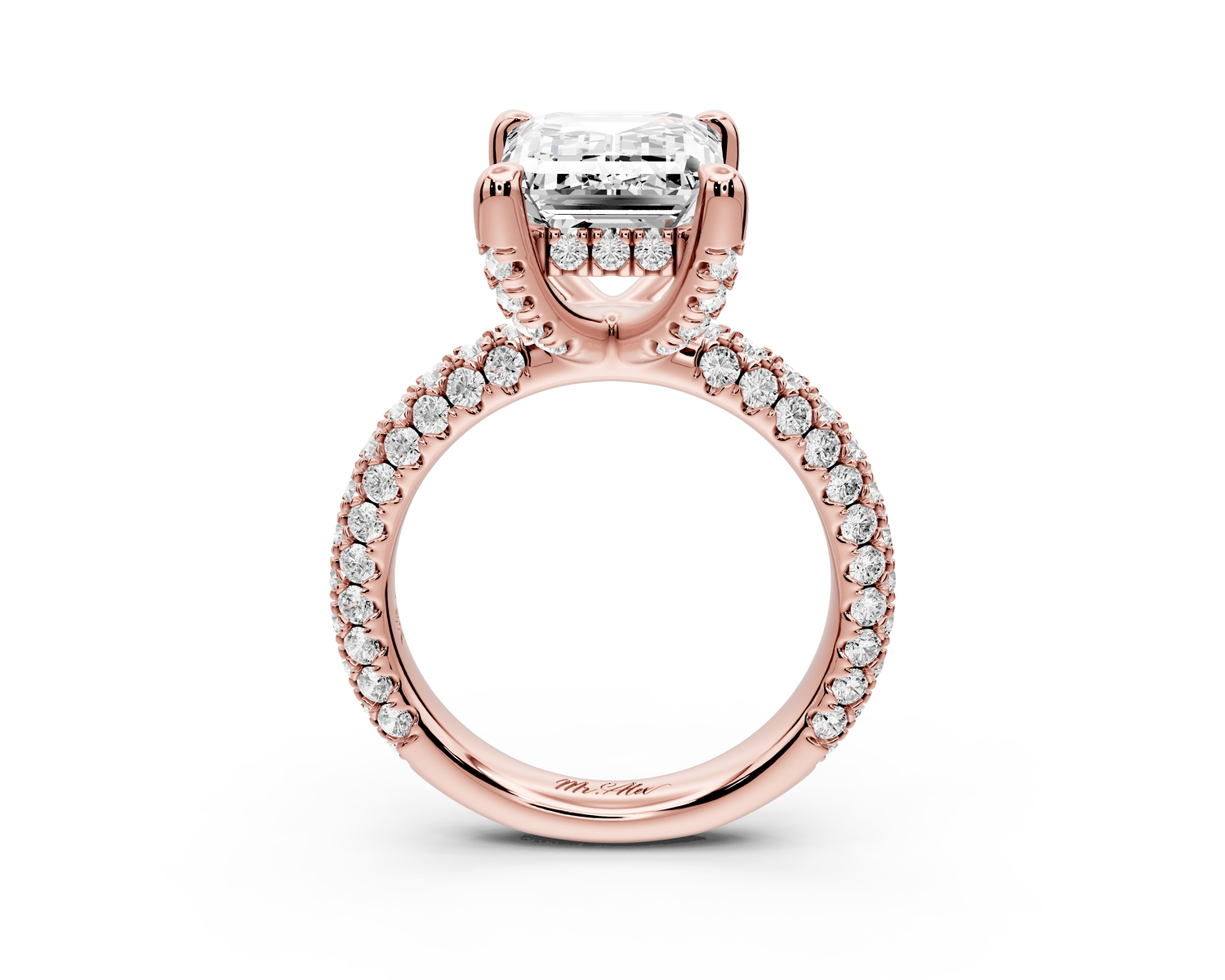Emilia - 5ct 18k rose gold emerald Hidden Halo Diamond Crown Rollover Pavé Engagement Ring - Mr. Alex Jewelry