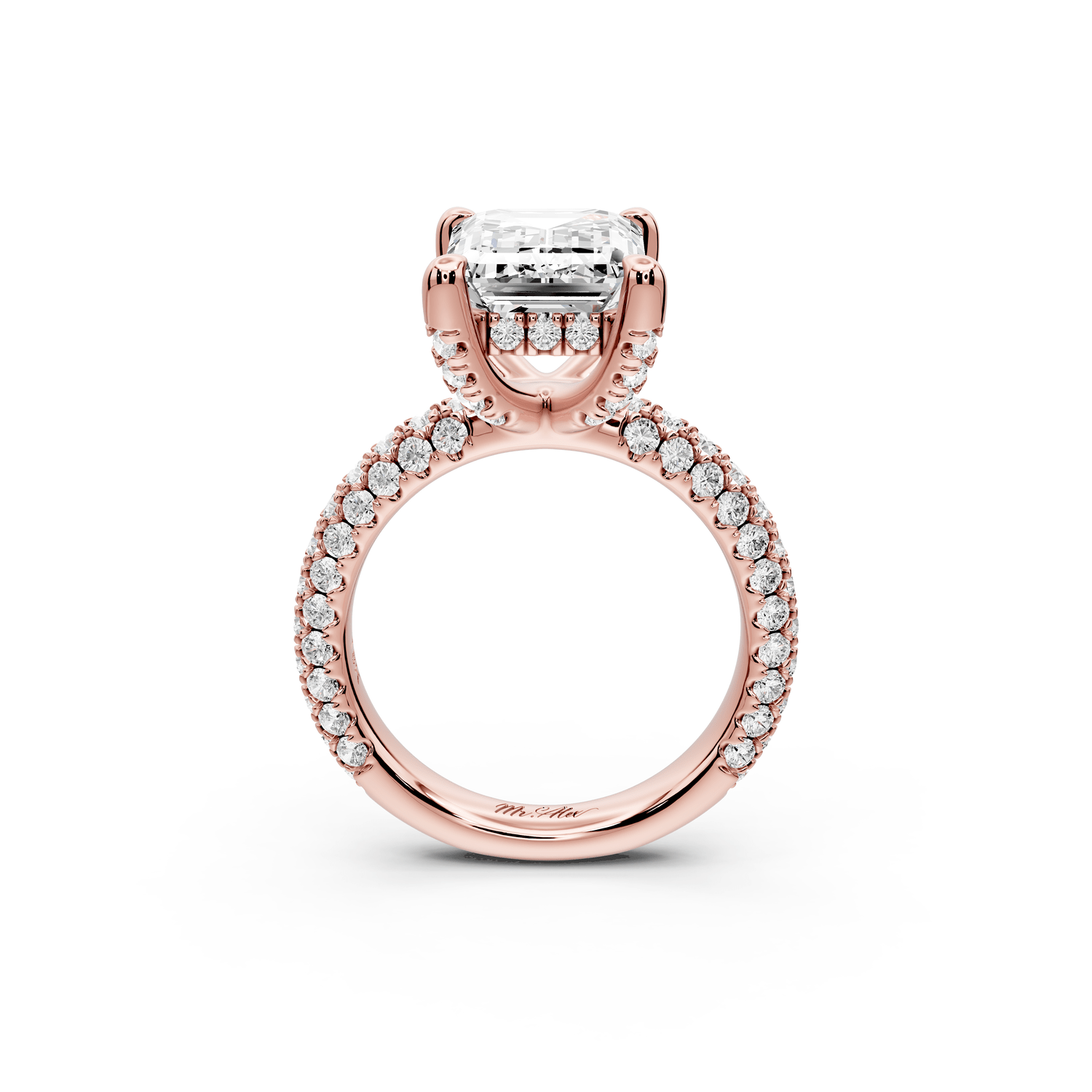 Emilia - 5ct 18k rose gold emerald Hidden Halo Diamond Crown Rollover Pavé Engagement Ring - Mr. Alex Jewelry