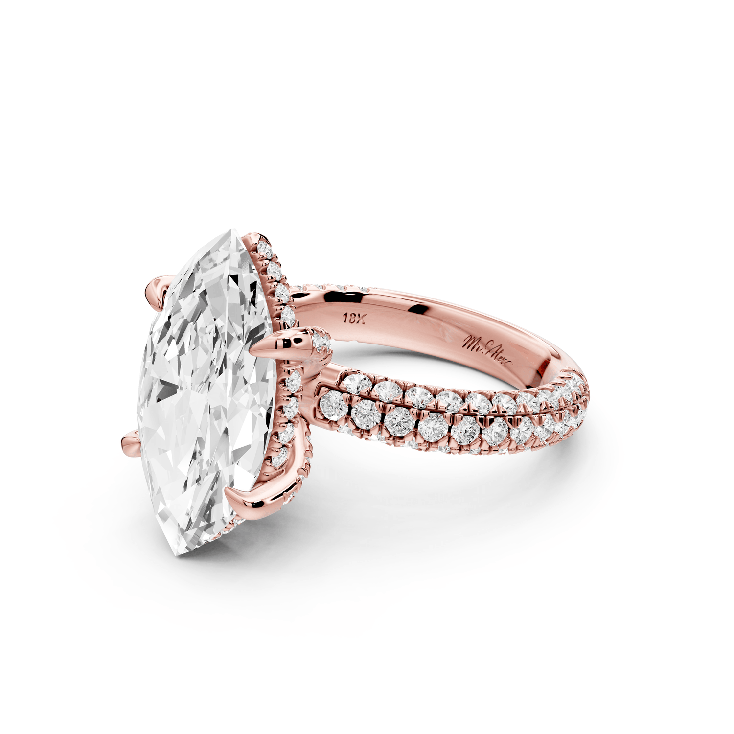 Emilia - 5ct 18k rose gold marquise Hidden Halo Diamond Crown Rollover Pavé Engagement Ring - Mr. Alex Jewelry