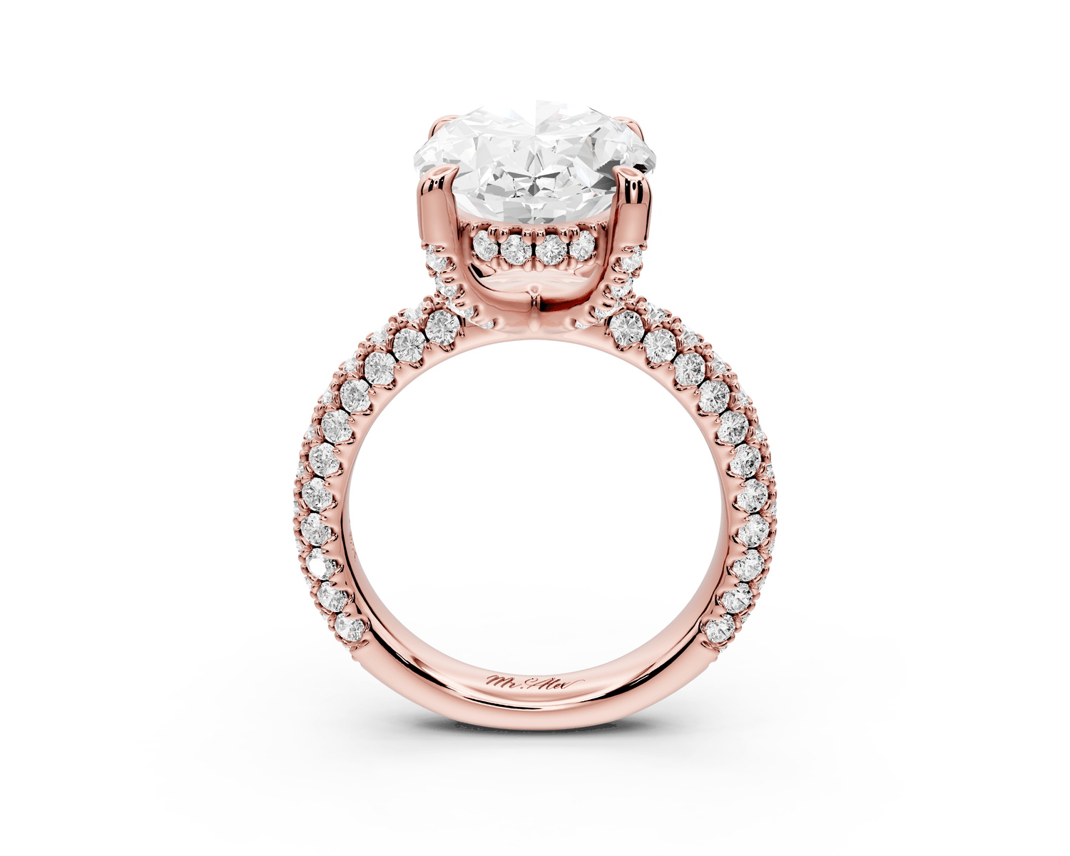 Emilia - 5ct 18k rose gold oval Hidden Halo Diamond Crown Rollover Pavé Engagement Ring - Mr. Alex Jewelry
