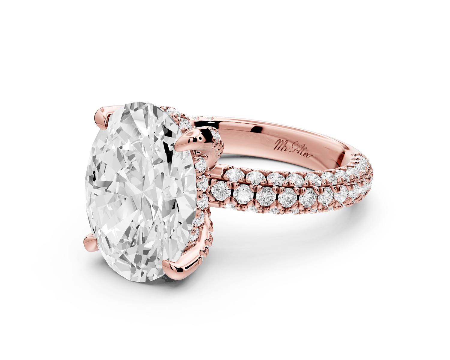 Emilia - 5ct 18k rose gold oval Hidden Halo Diamond Crown Rollover Pavé Engagement Ring - Mr. Alex Jewelry