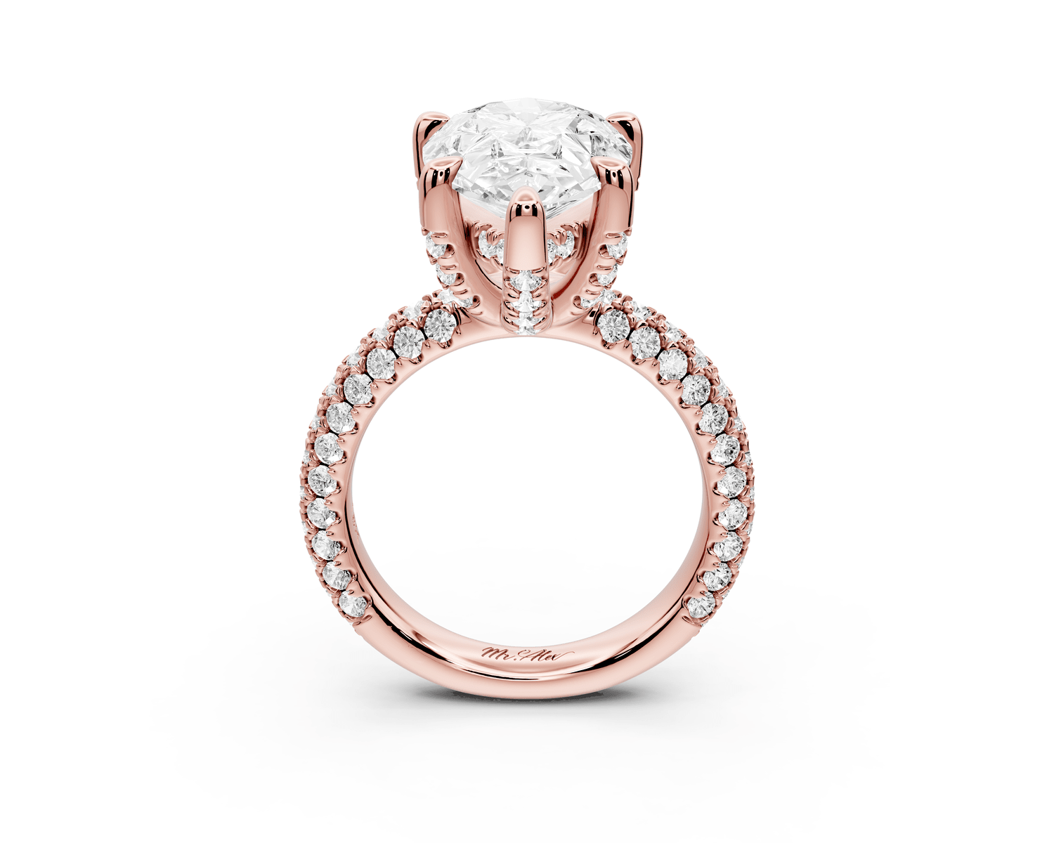 Emilia - 5ct 18k rose gold pear Hidden Halo Diamond Crown Rollover Pavé Engagement Ring - Mr. Alex Jewelry