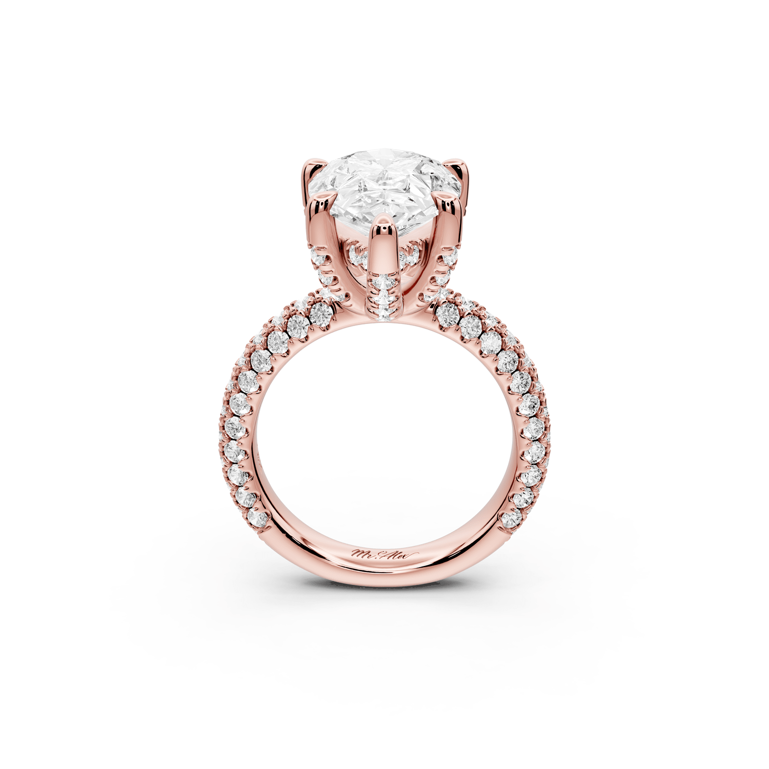 Emilia - 5ct 18k rose gold pear Hidden Halo Diamond Crown Rollover Pavé Engagement Ring - Mr. Alex Jewelry