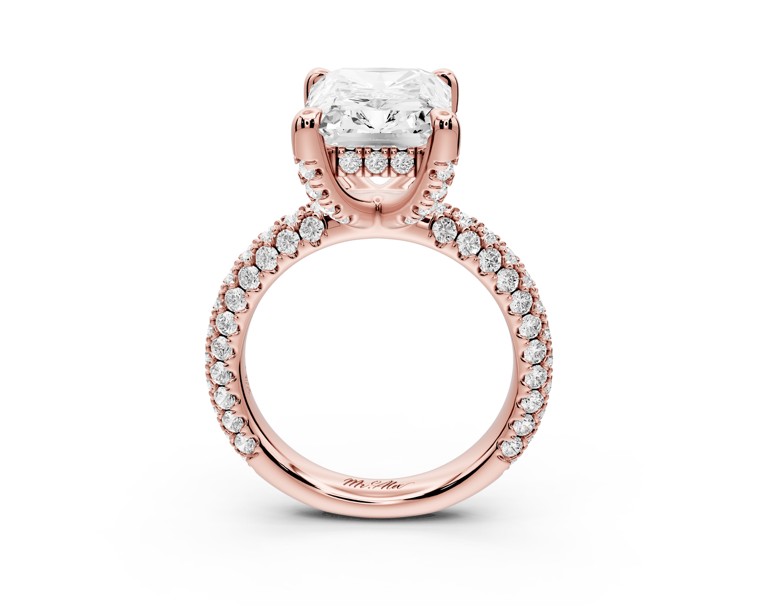 Emilia - 5ct 18k rose gold radiant Hidden Halo Diamond Crown Rollover Pavé Engagement Ring - Mr. Alex Jewelry