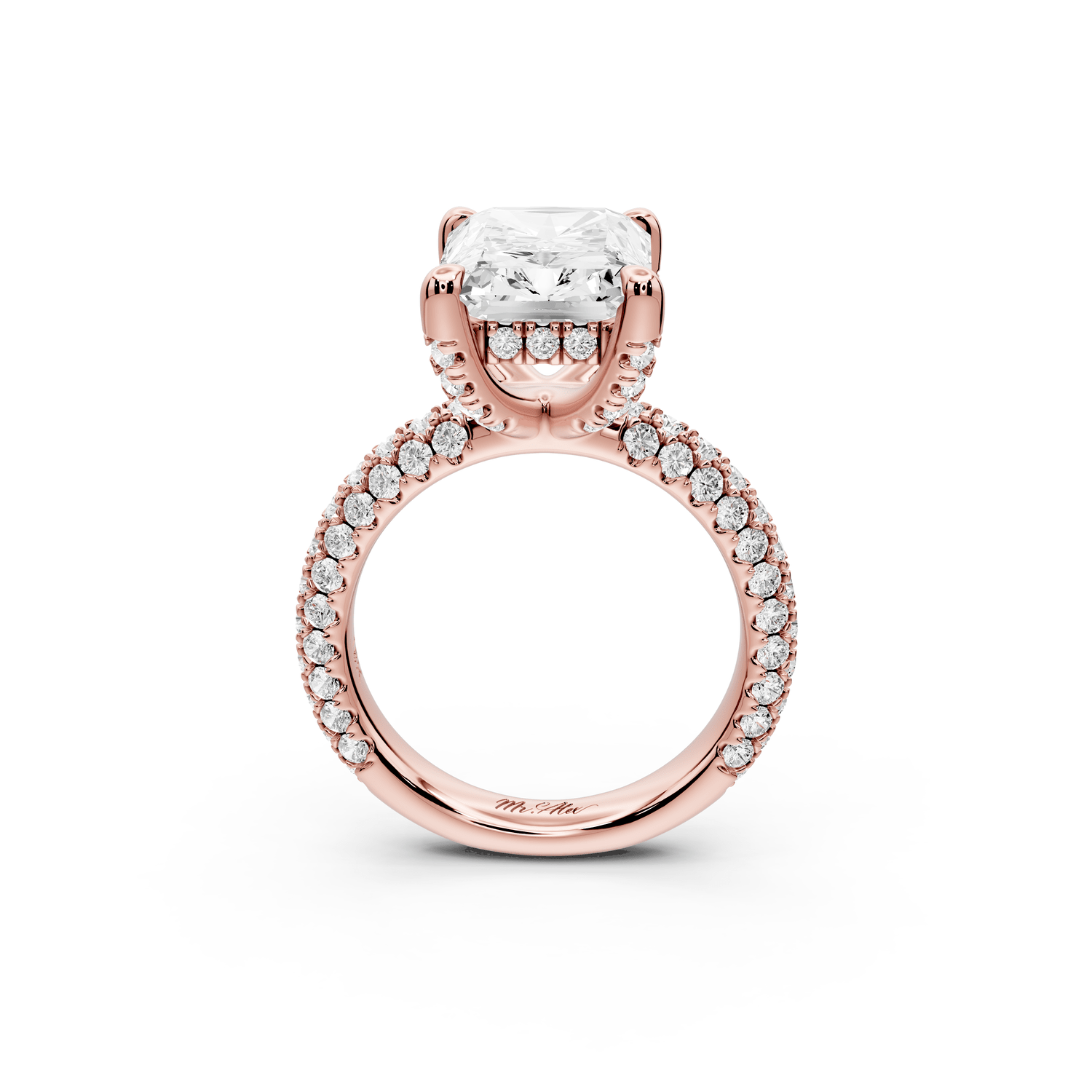 Emilia - 5ct 18k rose gold radiant Hidden Halo Diamond Crown Rollover Pavé Engagement Ring - Mr. Alex Jewelry