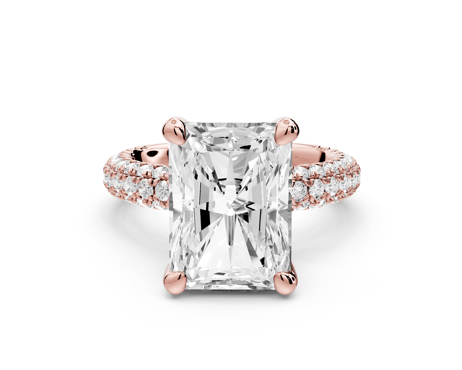 Emilia - 5ct 18k rose gold radiant Hidden Halo Diamond Crown Rollover Pavé Engagement Ring - Mr. Alex Jewelry
