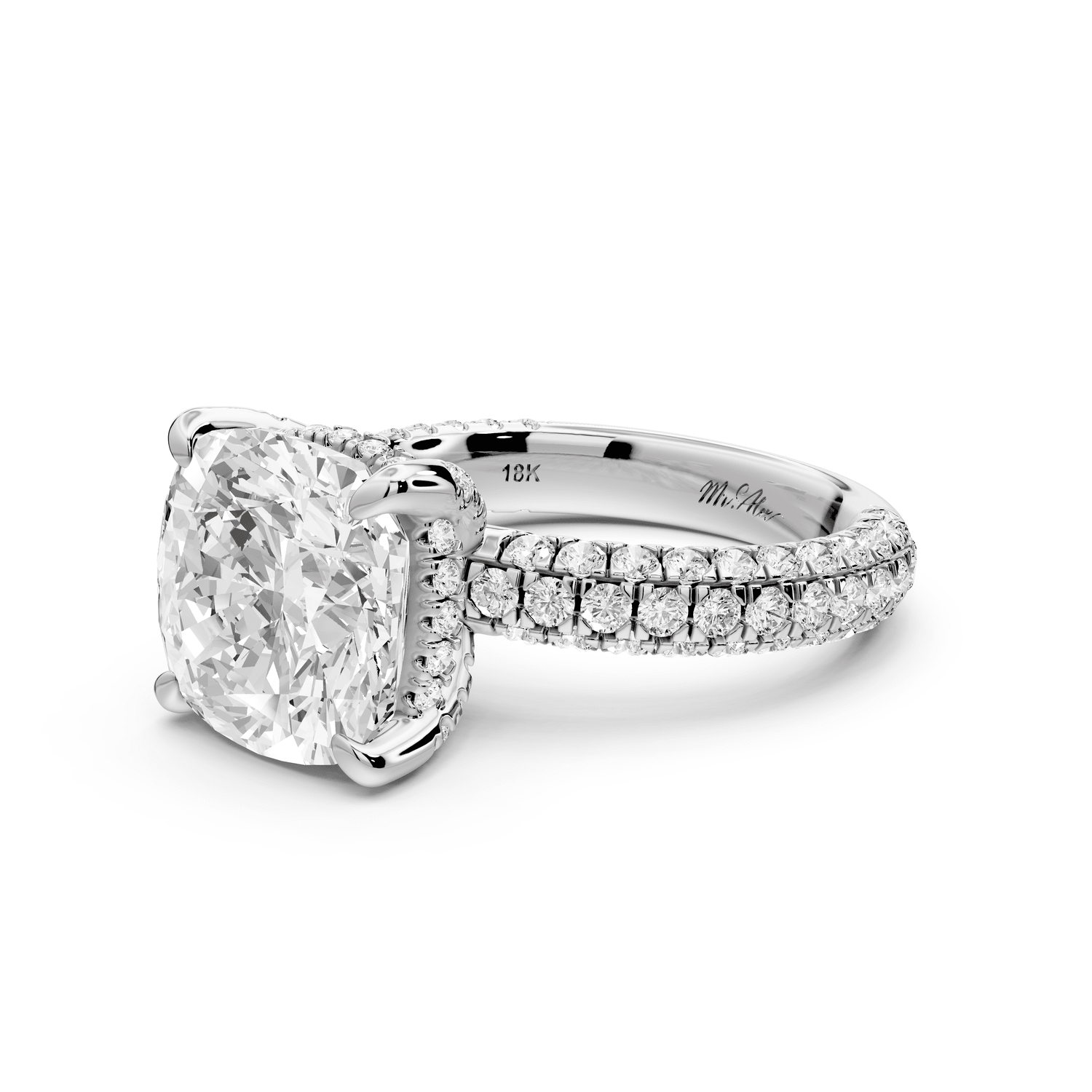 Emilia - 5ct 18k white gold cushion Hidden Halo Diamond Crown Rollover Pavé Engagement Ring - Mr. Alex Jewelry