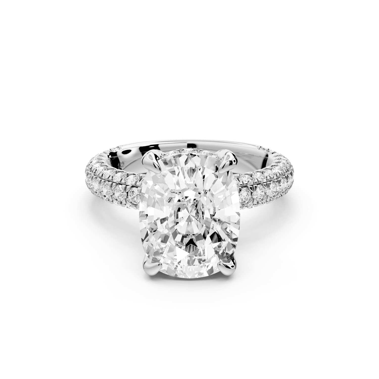 Emilia - 5ct 18k white gold ecushion Hidden Halo Diamond Crown Rollover Pavé Engagement Ring - Mr. Alex Jewelry
