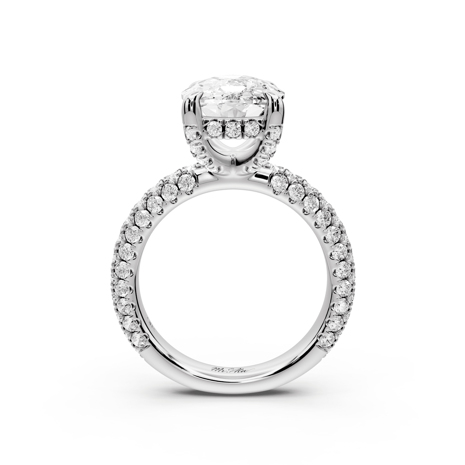 Emilia - 5ct 18k white gold ecushion Hidden Halo Diamond Crown Rollover Pavé Engagement Ring - Mr. Alex Jewelry