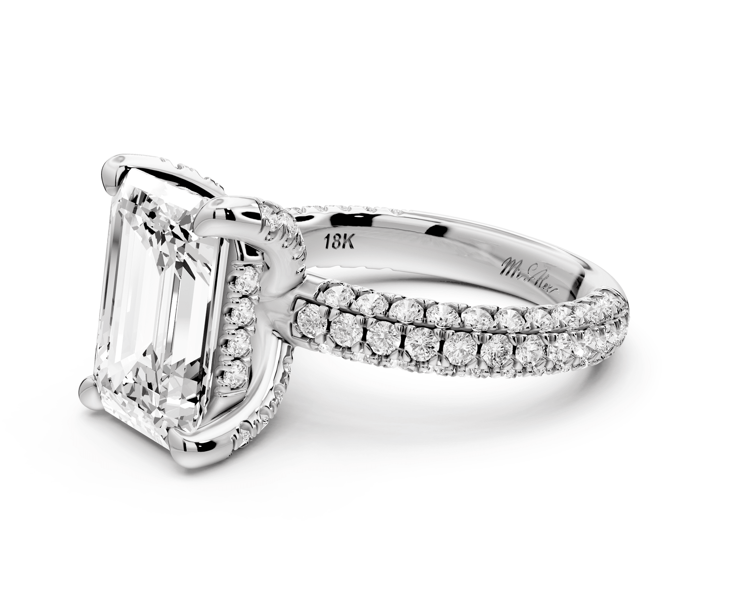 Emilia - 5ct 18k white gold emerald Hidden Halo Diamond Crown Rollover Pavé Engagement Ring - Mr. Alex Jewelry