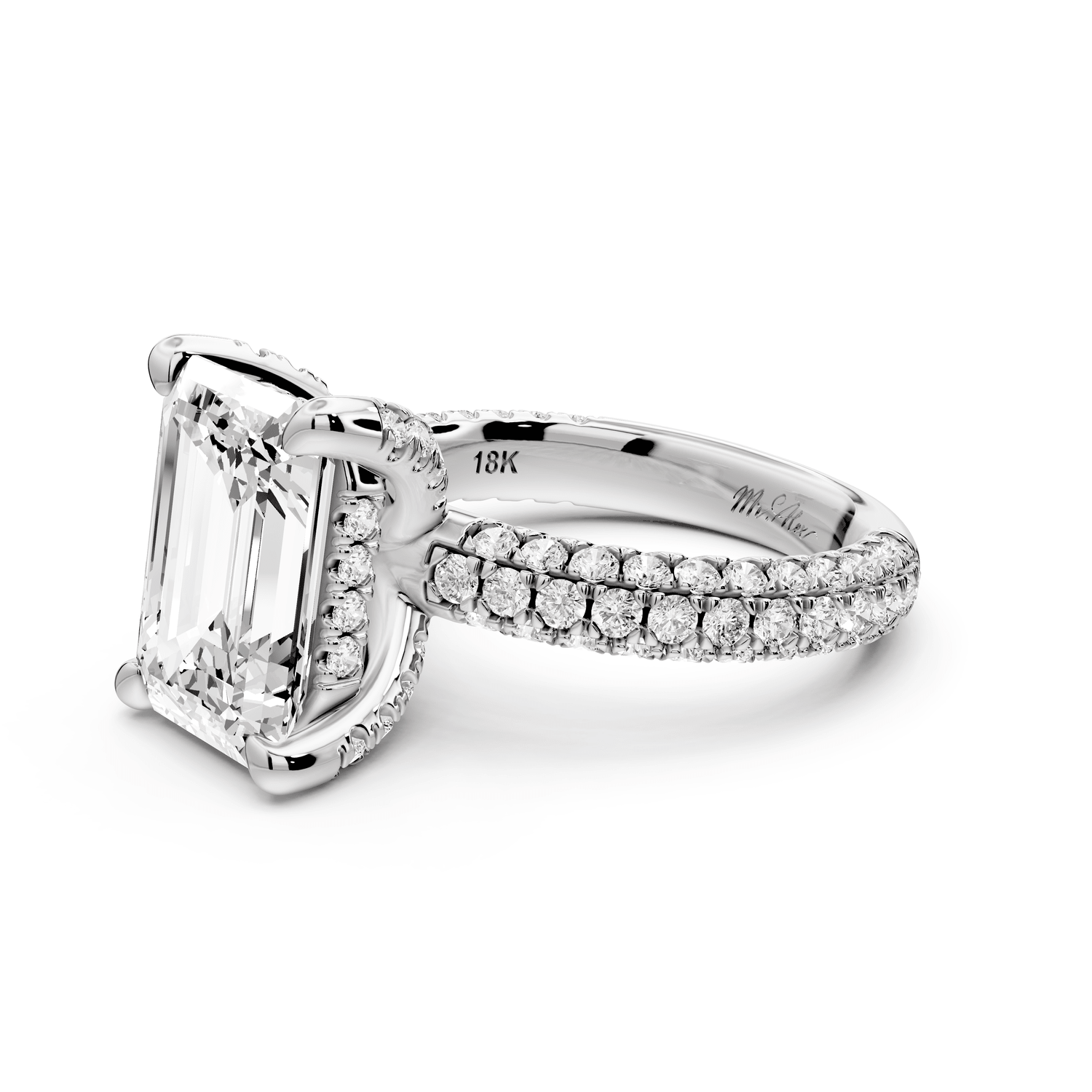 Emilia - 5ct 18k white gold emerald Hidden Halo Diamond Crown Rollover Pavé Engagement Ring - Mr. Alex Jewelry