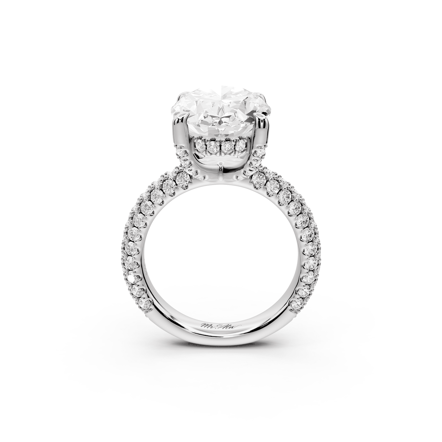 Emilia - 5ct 18k white gold oval Hidden Halo Diamond Crown Rollover Pavé Engagement Ring - Mr. Alex Jewelry
