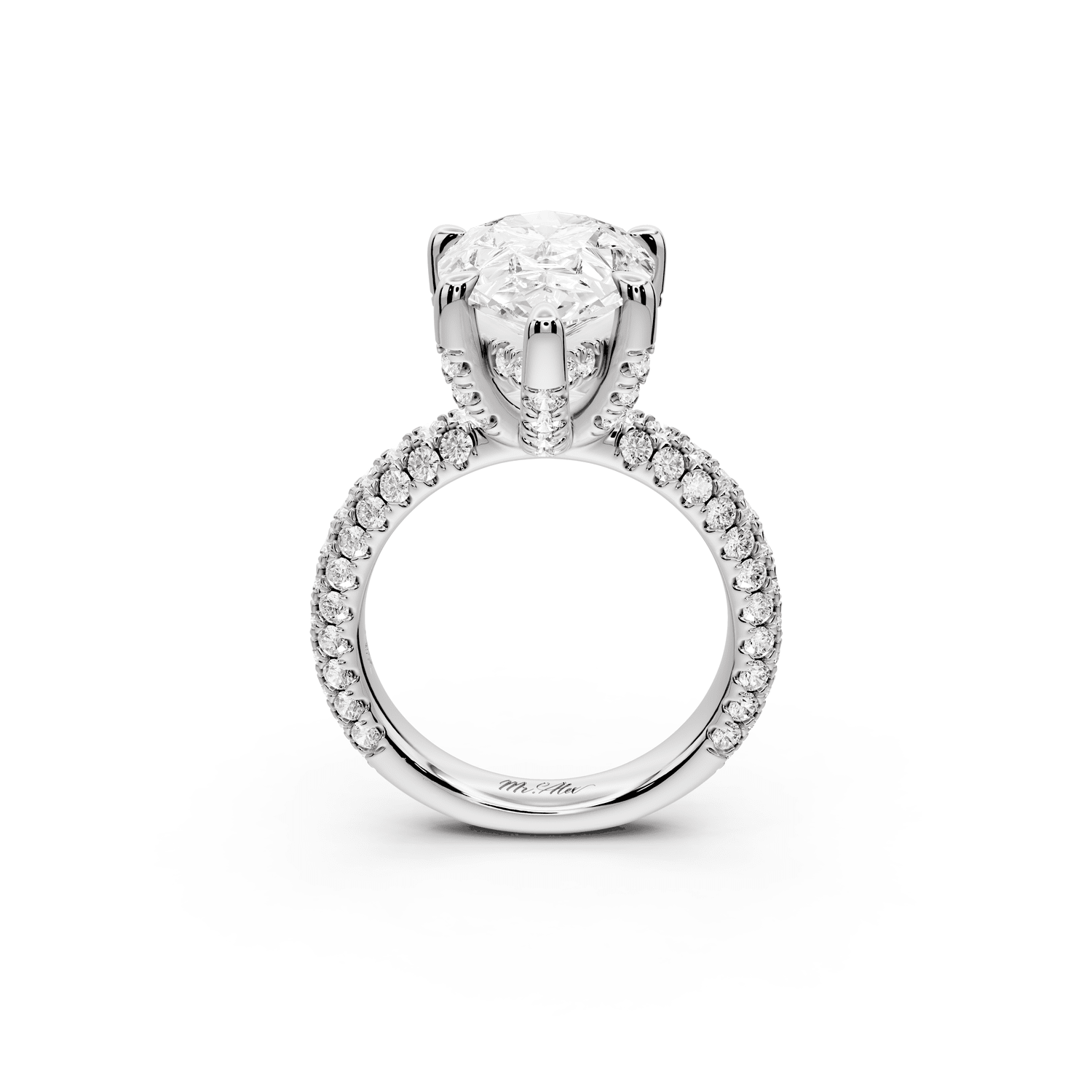 Emilia - 5ct 18k white gold pear Hidden Halo Diamond Crown Rollover Pavé Engagement Ring - Mr. Alex Jewelry