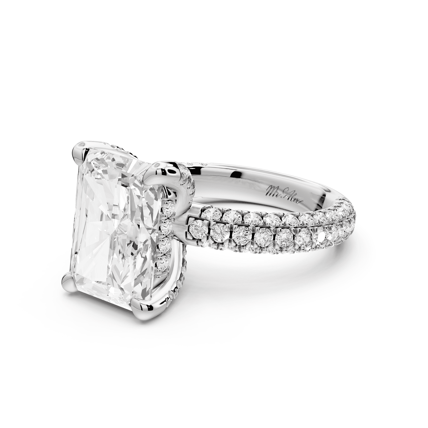 Emilia - 5ct 18k white gold radiant Hidden Halo Diamond Crown Rollover Pavé Engagement Ring - Mr. Alex Jewelry