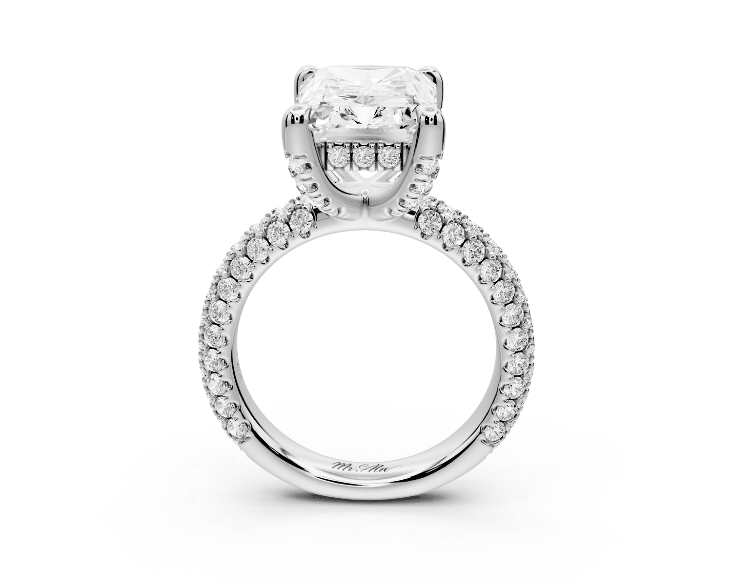 Emilia - 5ct 18k white gold radiant Hidden Halo Diamond Crown Rollover Pavé Engagement Ring - Mr. Alex Jewelry