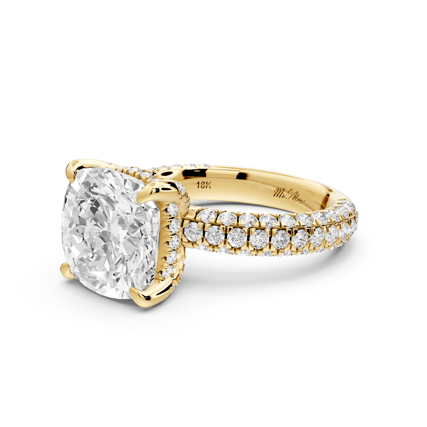 Emilia - 5ct 18k yellow gold cushion Hidden Halo Diamond Crown Rollover Pavé Engagement Ring - Mr. Alex Jewelry