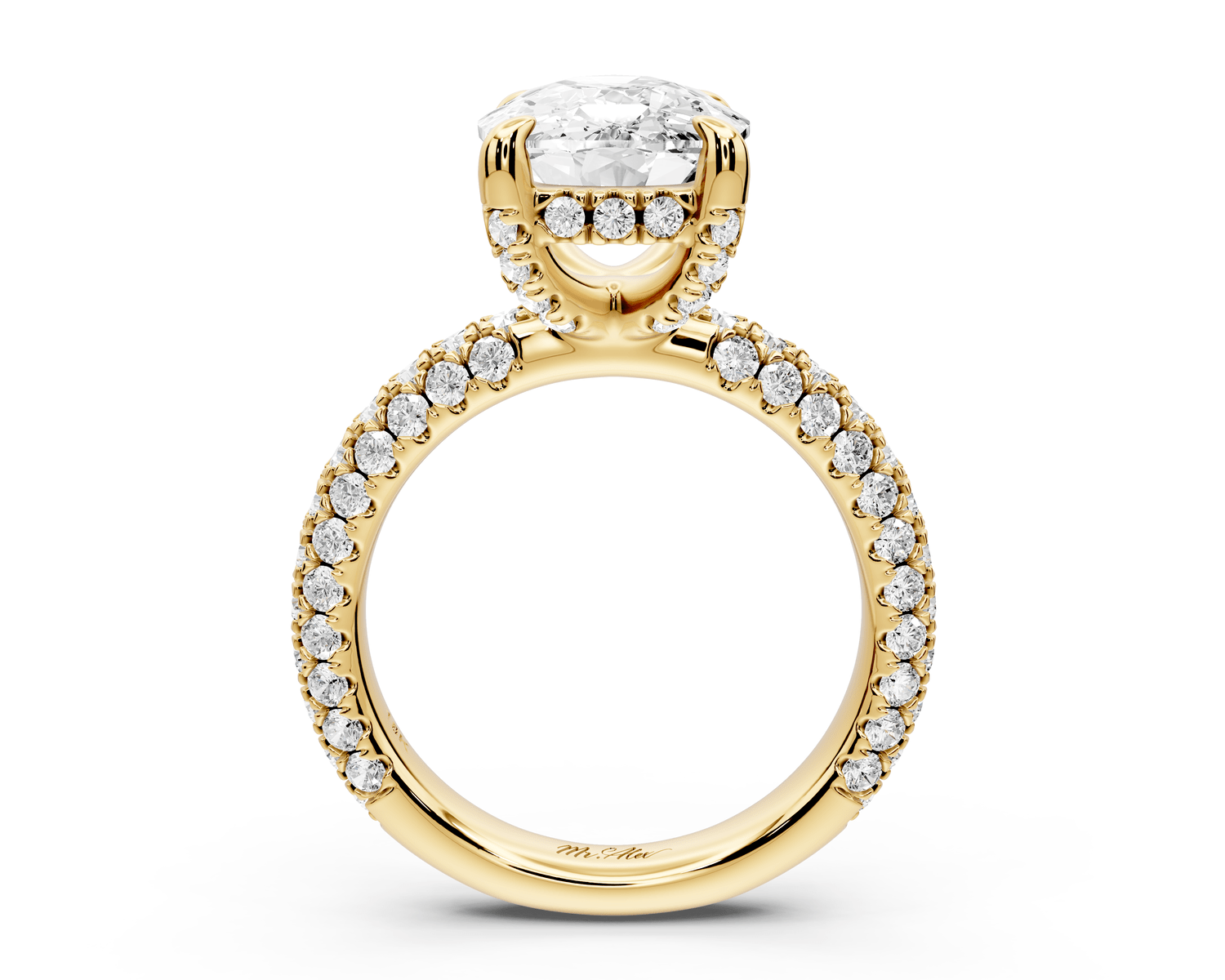 Emilia - 5ct 18k yellow gold ecushion Hidden Halo Diamond Crown Rollover Pavé Engagement Ring - Mr. Alex Jewelry