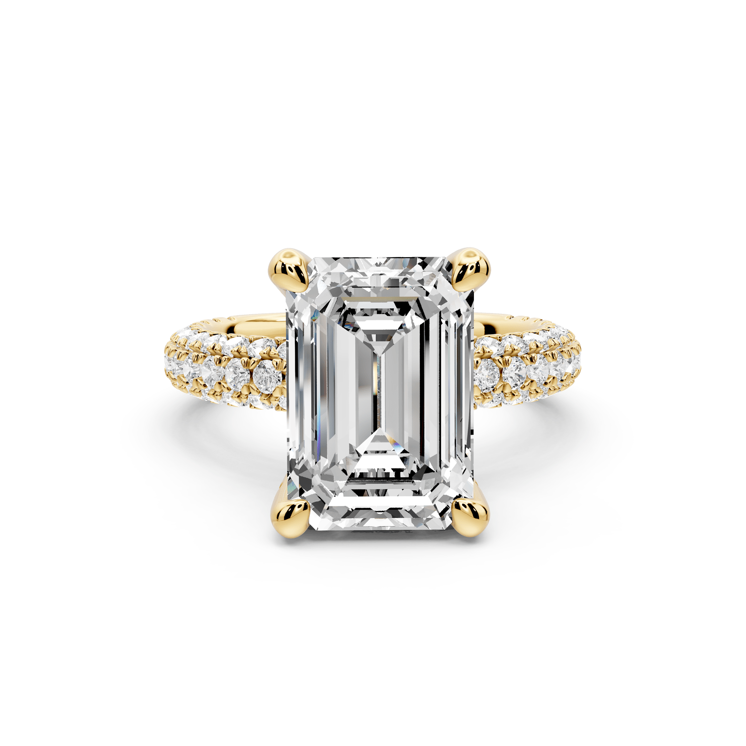 Emilia - 5ct 18k yellow gold emerald Hidden Halo Diamond Crown Rollover Pavé Engagement Ring - Mr. Alex Jewelry