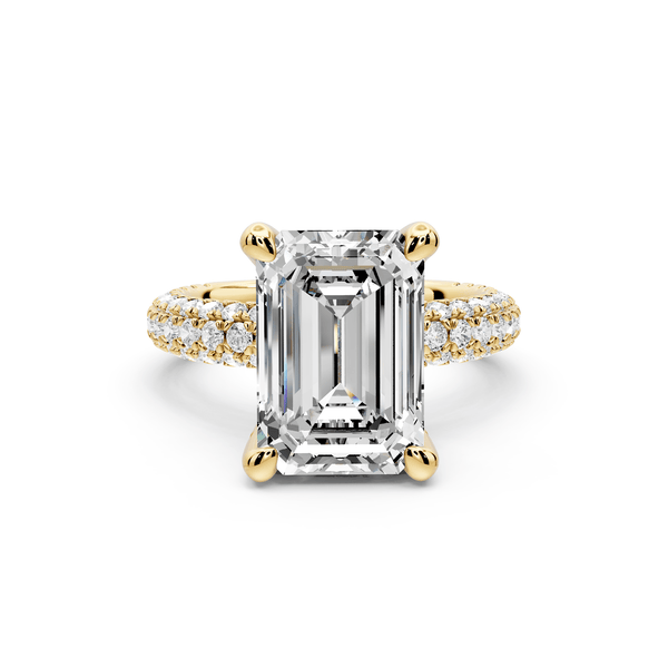 Emilia - 5ct 18k yellow gold emerald Hidden Halo Diamond Crown Rollover Pavé Engagement Ring - Mr. Alex Jewelry