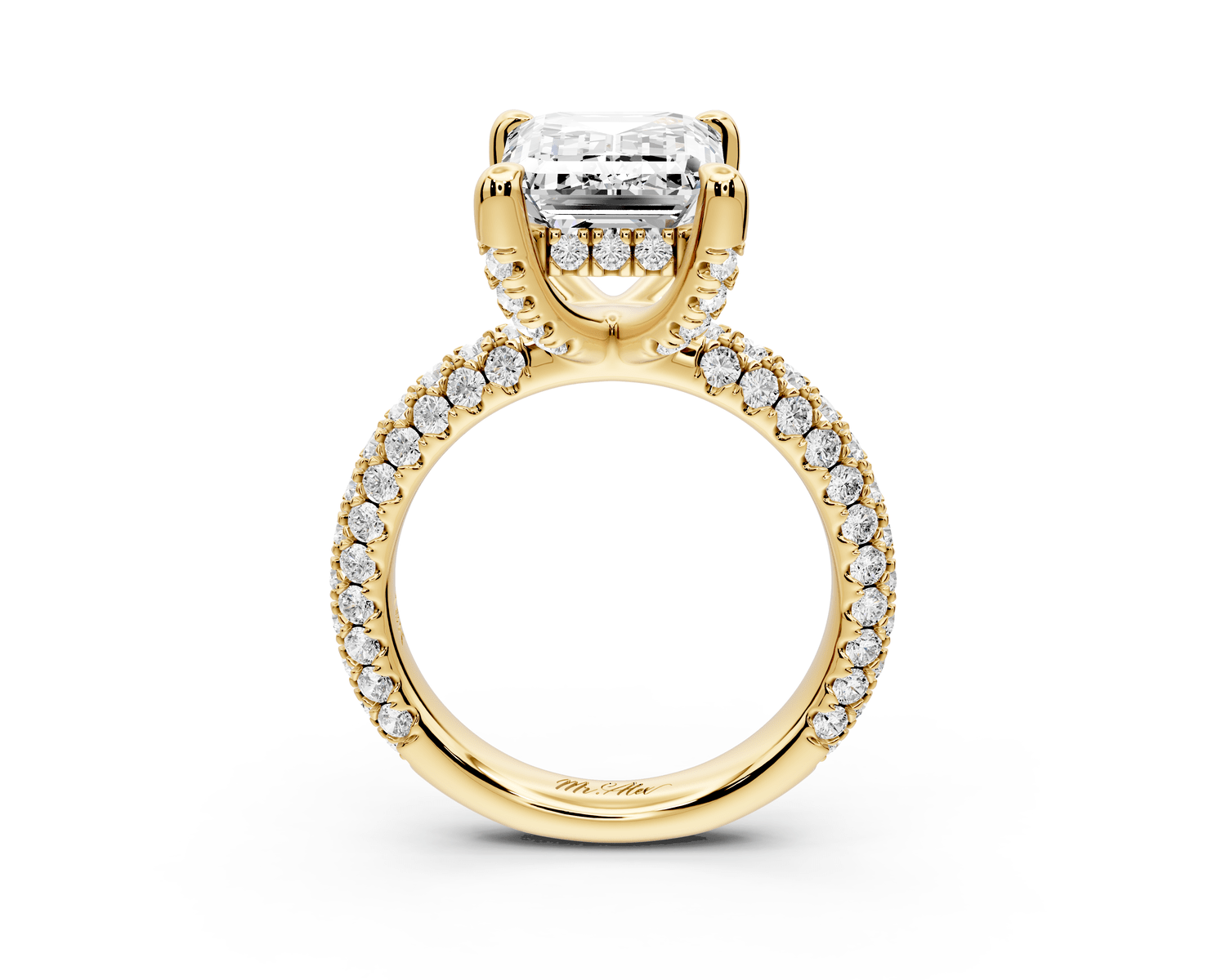 Emilia - 5ct 18k yellow gold emerald Hidden Halo Diamond Crown Rollover Pavé Engagement Ring - Mr. Alex Jewelry