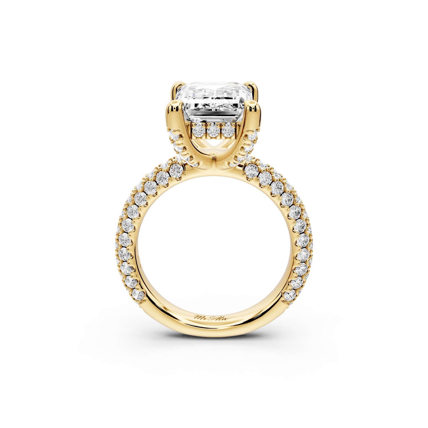 Emilia - 5ct 18k yellow gold emerald Hidden Halo Diamond Crown Rollover Pavé Engagement Ring - Mr. Alex Jewelry