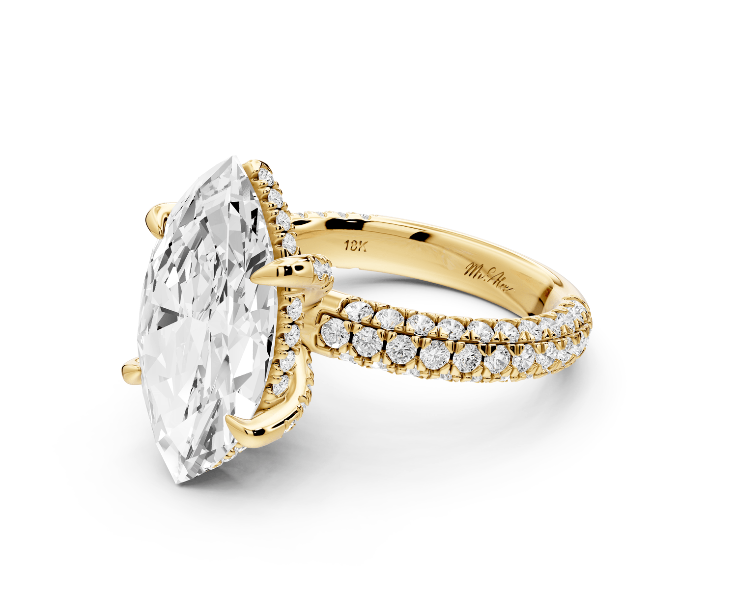 Emilia - 5ct 18k yellow gold marquise Hidden Halo Diamond Crown Rollover Pavé Engagement Ring - Mr. Alex Jewelry