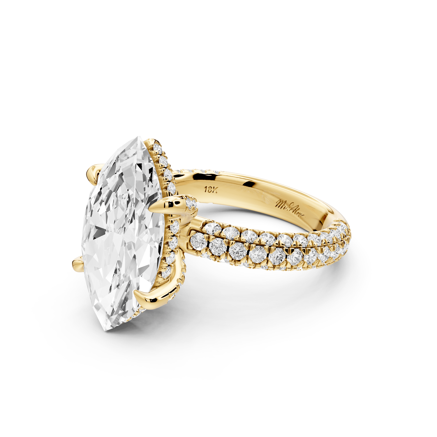 Emilia - 5ct 18k yellow gold marquise Hidden Halo Diamond Crown Rollover Pavé Engagement Ring - Mr. Alex Jewelry