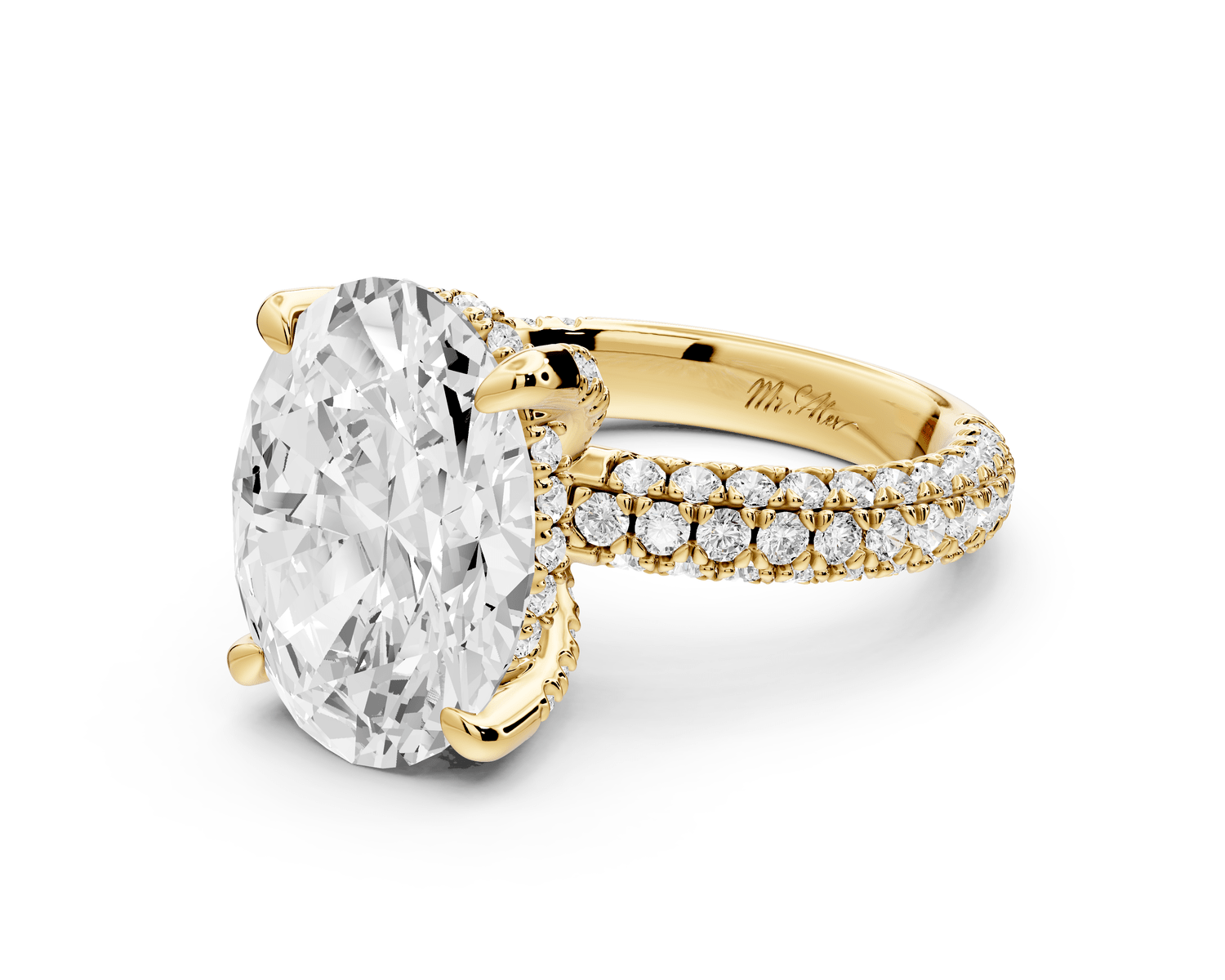 Emilia - 5ct 18k yellow gold oval Hidden Halo Diamond Crown Rollover Pavé Engagement Ring - Mr. Alex Jewelry