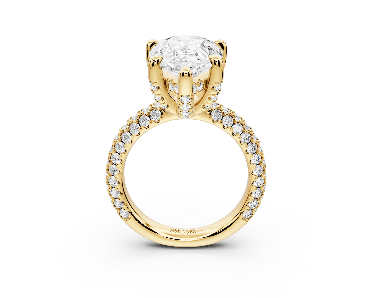 Emilia - 5ct 18k yellow gold pear Hidden Halo Diamond Crown Rollover Pavé Engagement Ring - Mr. Alex Jewelry